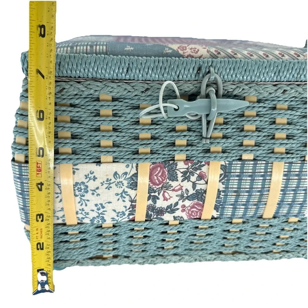 Vintage Wicker Blue Floral Tapestry Square Sewing Box Cottagecore
